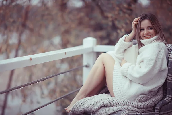 Girl Knitted Sweater Reads Book Veranda Park Seasonal Romance Concept — Stock Photo, Image