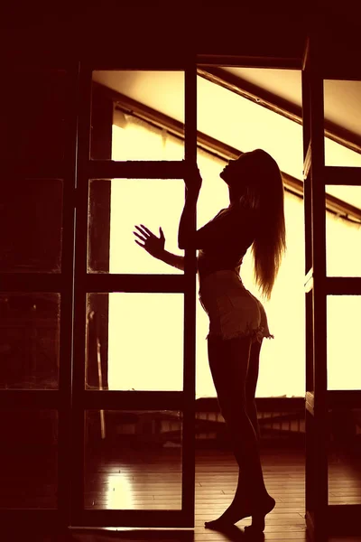 Sexy Model Loft Home Interior Back Light Silhouette Rays Sun — Stock Photo, Image