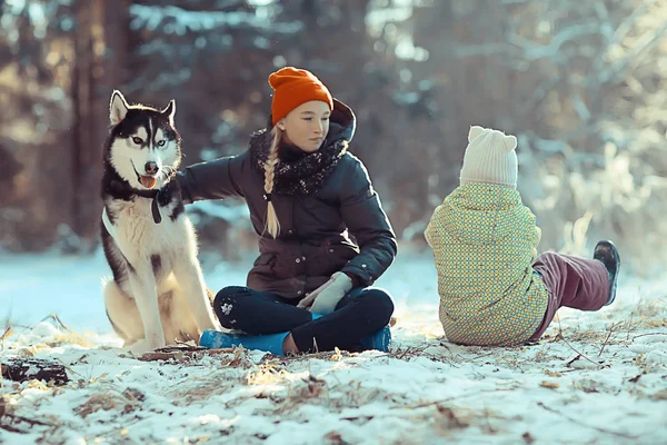 Barn Leker Med Hund Vinterlandskapet Solig Skog Snöfall Flickor Och — Stockfoto