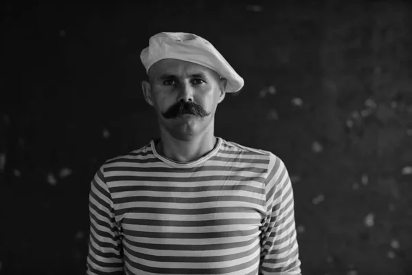 Brutal Kock Med Mustasch Ovanlig Marinkock Väst Vintage Stil — Stockfoto