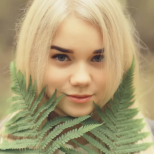 Eco Concept Girl Portrait Fern Young Adult Model Blonde Green — Stock Photo, Image