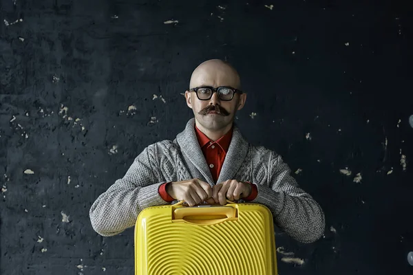 Man Holds Suitcase Tourist Concept Trip Mustachioed Guy Glasses Eccentric — Stock Photo, Image