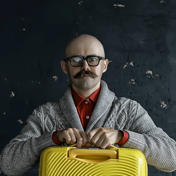 Man Holds Suitcase Tourist Concept Trip Mustachioed Guy Glasses Eccentric — Stock Photo, Image