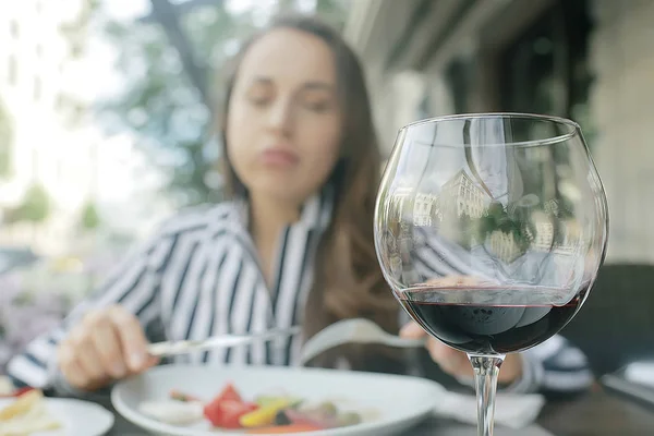 red wine lunch girl cafe lifestyle, summer outdoor restaurant, mediterranean food