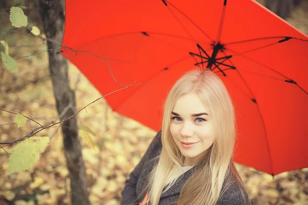 Look Automne Journée Ensoleillée Une Jeune Fille Avec Parapluie Promène — Photo