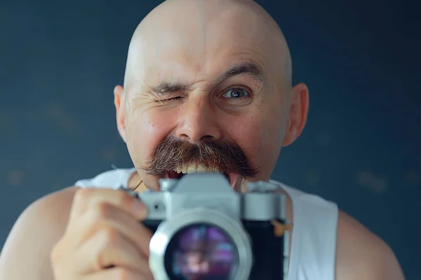 Vintage Style Portrait Man Large Mustache Unusual Gentleman — Stock Photo, Image