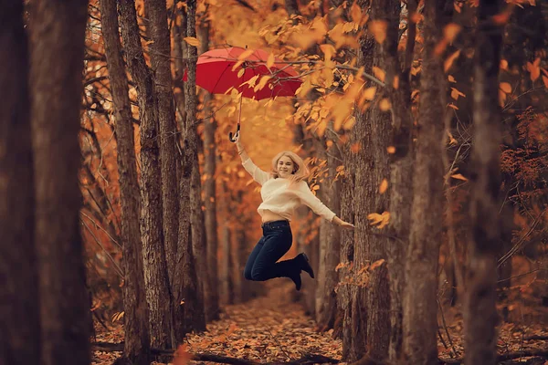 Girl Red Umbrella Flying Umbrella Jumping Having Fun Yellow Autumn — Stock Photo, Image