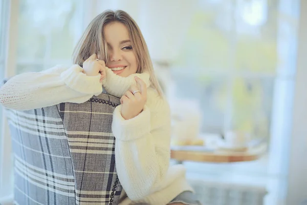 Morning Breakfast Bright Cafe Cozy Portrait Young Model Lifestyle Home — Stock Photo, Image