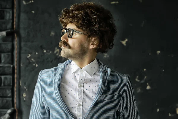 Mustachioed Man Classic Suit Vintage Glasses Curly Hipster Portrait Long — Stock Photo, Image