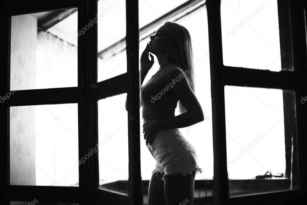 sexy model in a loft home interior, back light silhouette rays of the sun evening