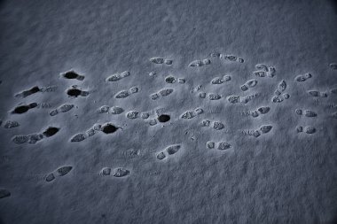 Asfalt kar, buz, ayakkabı izleri, kar havası.