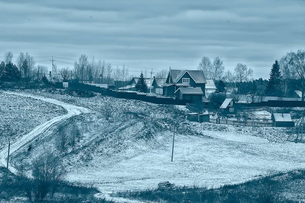 Zima Obci Sezónní Krajina Reliéf Kopcovitý Výhled Dřevěné Domy Zasněžená — Stock fotografie