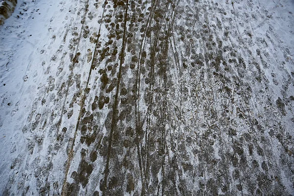 Tracks Asfalt Sneeuw Ijs Menselijke Sporen Van Schoenen Sneeuw Weer — Stockfoto