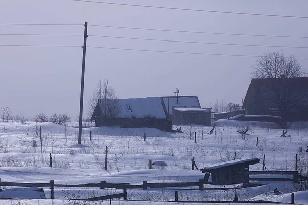 Inverno Nel Villaggio Paesaggio Stagionale Rilievo Vista Collinare Case Legno — Foto Stock