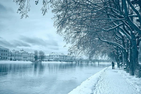 冬景色街中の川の景観堤防11月の風景 — ストック写真