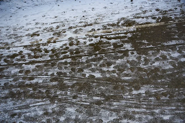 Stopy Asfaltový Sníh Led Lidské Stopy Bot Sněhové Počasí — Stock fotografie