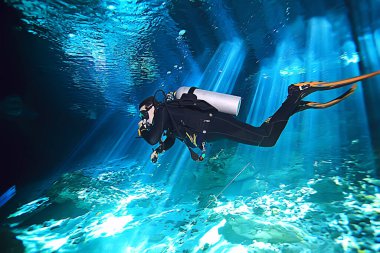 cave diving, diver underwater, dark cave, cavern landscape clipart