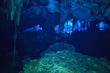 Su altı mağarası sarkıtları, mağara dalışı, Yucatan Meksika, deniz altı manzarası.
