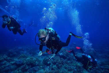 Dalgıç su kabarcıkları altında hava soluyor, gaz çıkarıyor, suyun altında derinlik yaratıyor.
