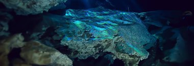 Su altı mağarası sarkıtları, mağara dalışı, Yucatan Meksika, deniz altı manzarası.
