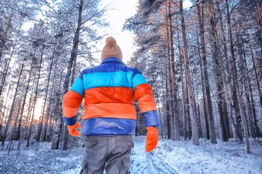 Turist, kışın arkadan manzara, doğa manzarası, kış mevsiminin dışından manzara.