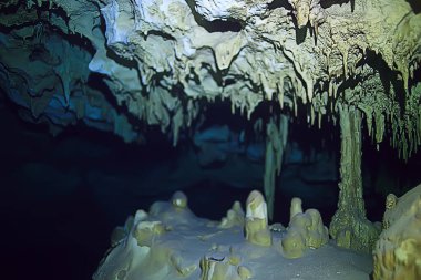 underwater cave stalactites landscape, cave diving, yucatan mexico, view in cenote under water clipart