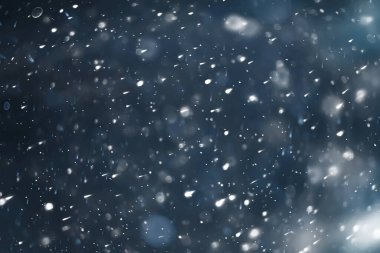 mavi kar yağışı bokeh arkaplanı, soyut kar tanesi arkaplanı bulanık mavi