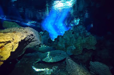 Su altı mağarası sarkıtları, mağara dalışı, Yucatan Meksika, deniz altı manzarası.
