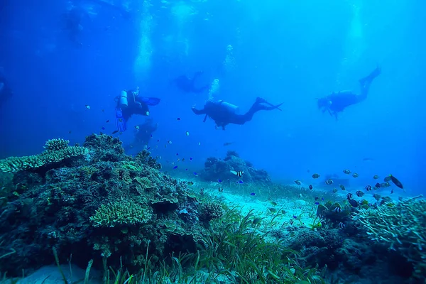 潜水者在水泡下呼吸空气 释放气体 水下景观深度 — 图库照片