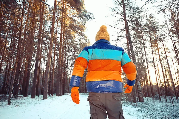 tourist winter landscape snow, guy winter view, travel adventure freedom