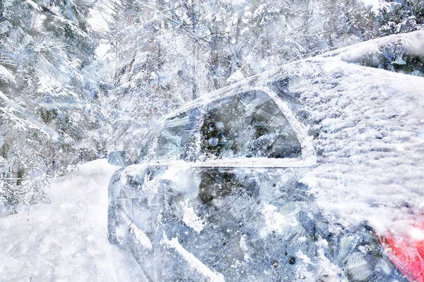 Auto Nella Foresta Invernale Viaggi Paesaggistici Nella Foresta Innevata Natale — Foto Stock