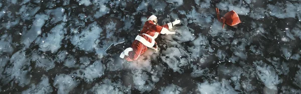 Santa Claus Skating Ice Lake Slipped Lies Santa Loser — Stock Photo, Image