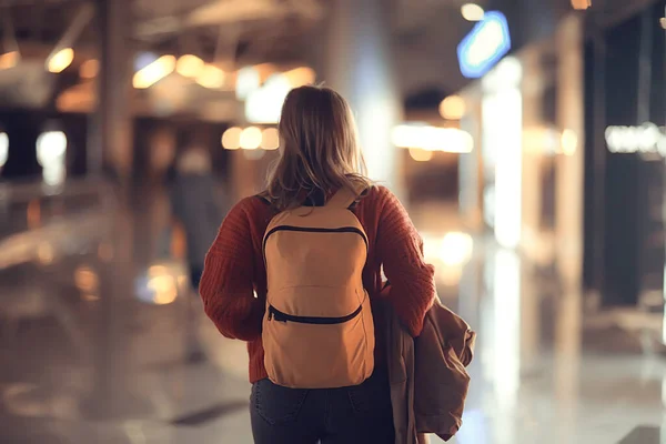 Tourist Girl Backpack Station Spring Trip — Stock Photo, Image