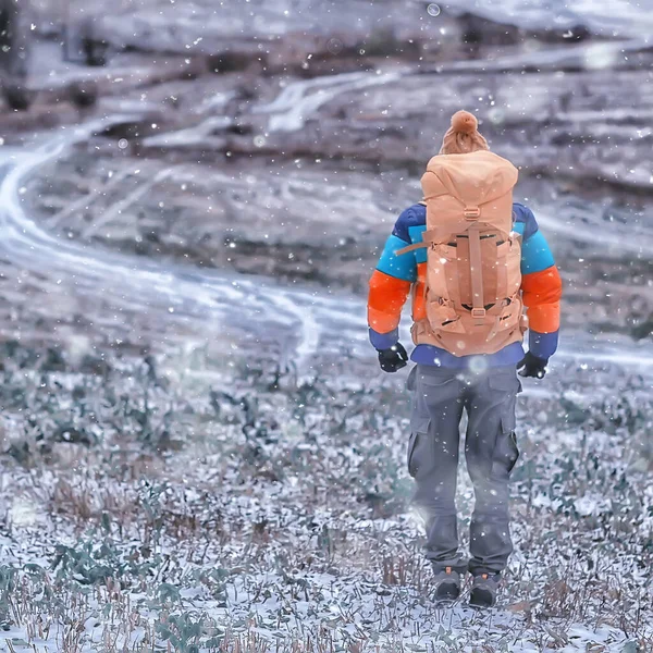 tourist winter landscape snow, guy winter view, travel adventure freedom