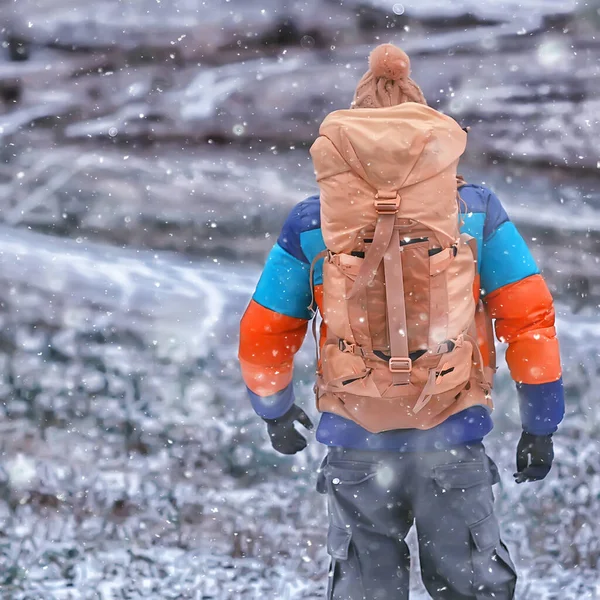 tourist winter landscape snow, guy winter view, travel adventure freedom