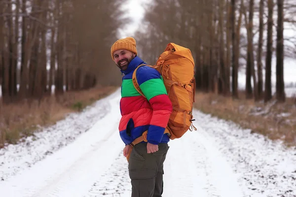 tourist winter landscape snow, guy winter view, travel adventure freedom