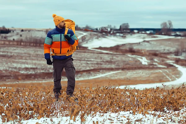 tourist winter landscape snow, guy winter view, travel adventure freedom