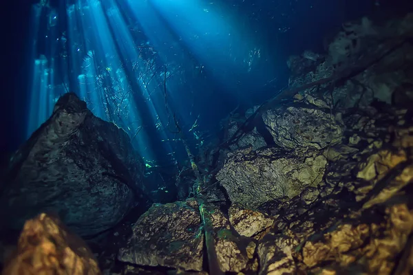 underwater cave stalactites landscape, cave diving, yucatan mexico, view in cenote under water