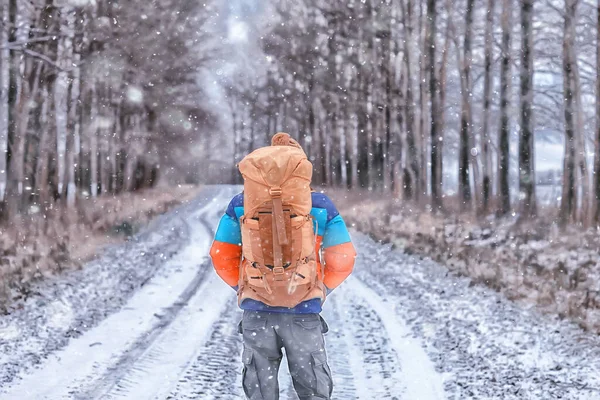 tourist winter landscape snow, guy winter view, travel adventure freedom