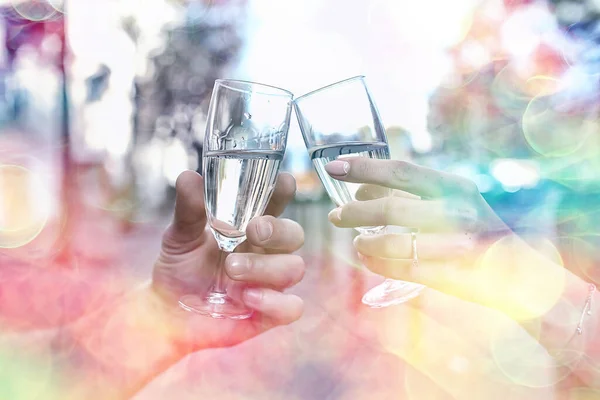 Glasses Toast Chin Chin Hands Glasses White Wine Street Cafe — Stock Photo, Image