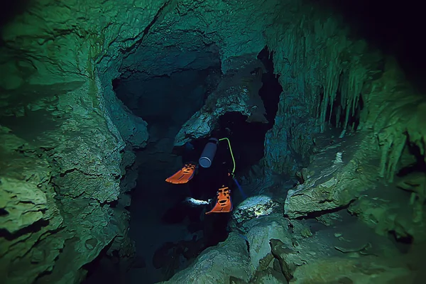 Underwater World Cave Yucatan Cenote Dark Landscape Stalactites Underground Diver — Stock Photo, Image
