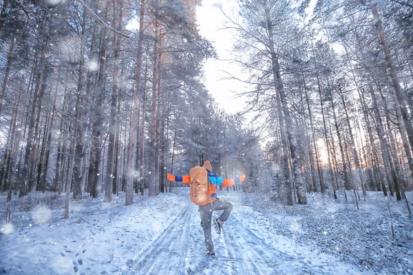 tourist winter landscape snow, guy winter view, travel adventure freedom