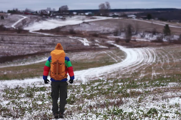 tourist winter landscape snow, guy winter view, travel adventure freedom