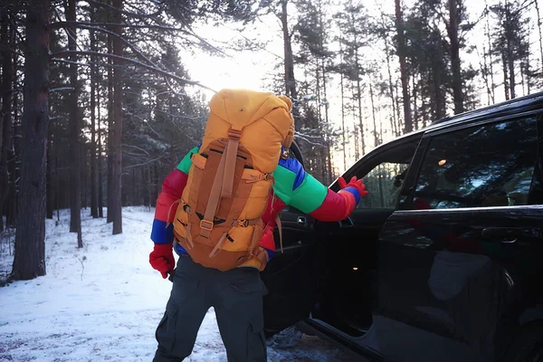 Arctic Tourist View Back Man Backpack Tourist Scandinavia Finland View — Stock Photo, Image