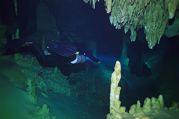 Monde Sous Marin Grotte Yucatan Cenote Sombre Paysage Stalactites Souterrain — Photo