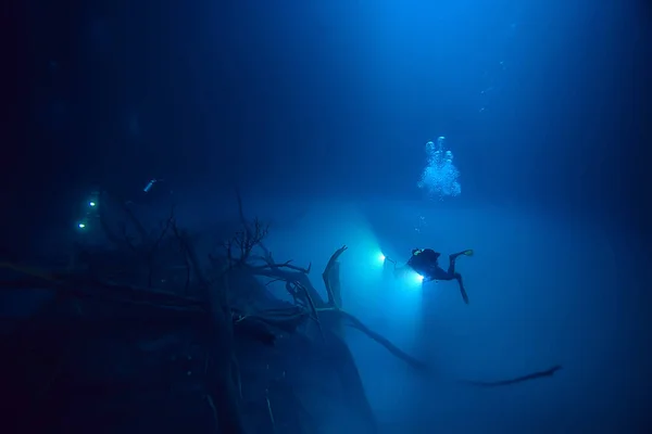 cenote angelita, mexico, cave diving, extreme adventure underwater, landscape under water fog