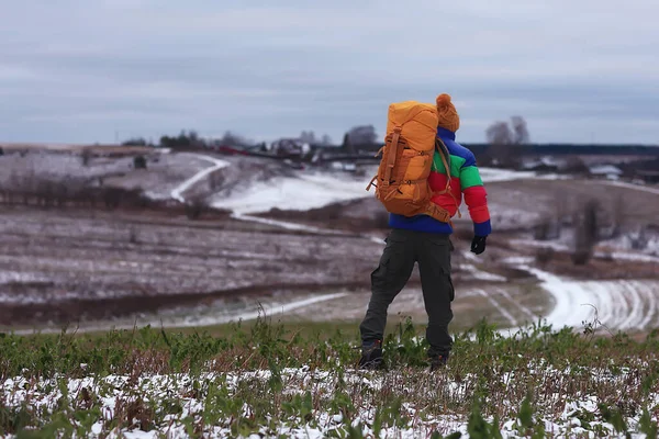 tourist winter landscape snow, guy winter view, travel adventure freedom