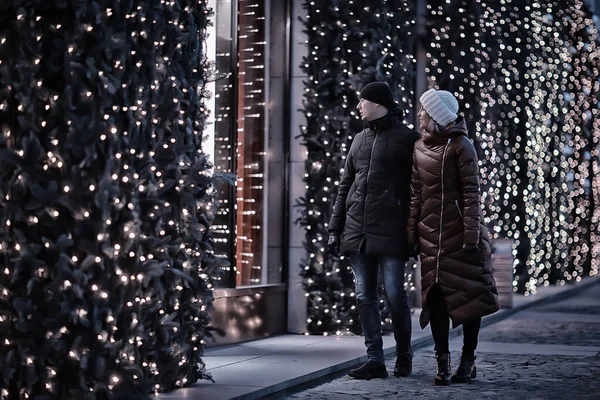 Lovers Couple New Year Street Walking Winter Night City — Stock Photo, Image