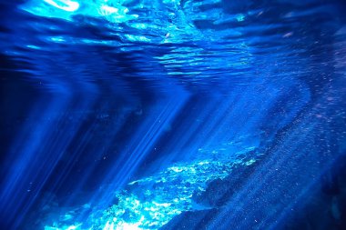 Su altı mağarası sarkıtları, mağara dalışı, Yucatan Meksika, deniz altı manzarası.