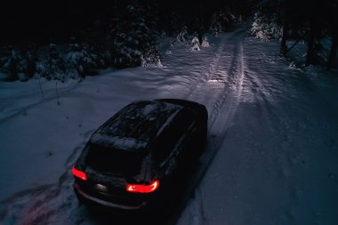 Araba kış ormanlarında, manzara seyahatleri Noel karlı ormanlarda